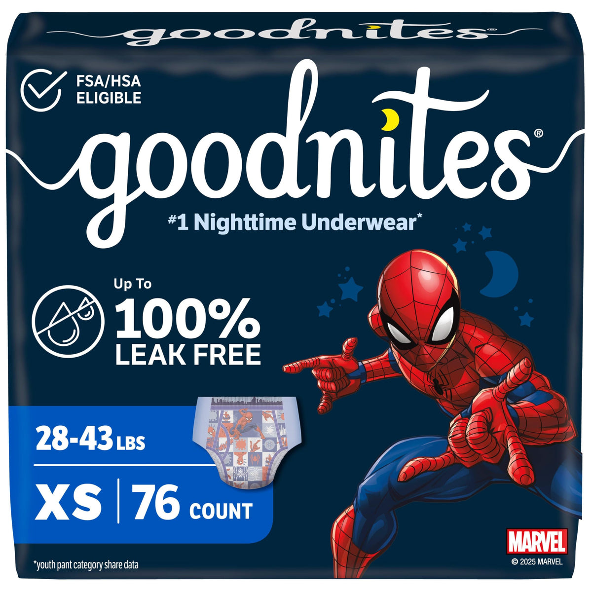 Goodnites Boys' Nighttime Bedwetting Underwear, Size Extra Small (28-43 lbs), 44 Ct (2 Packs of 22), Packaging May Vary