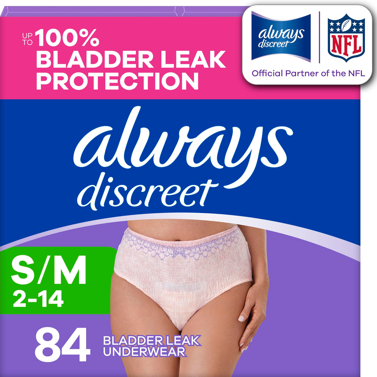 Always Discreet Adult Diapers for Women, Incontinence Underwear, Postpartum Essentials, Disposable Briefs, Max Absorbency, Bladder Leak Protection, Small/Medium, 32ct