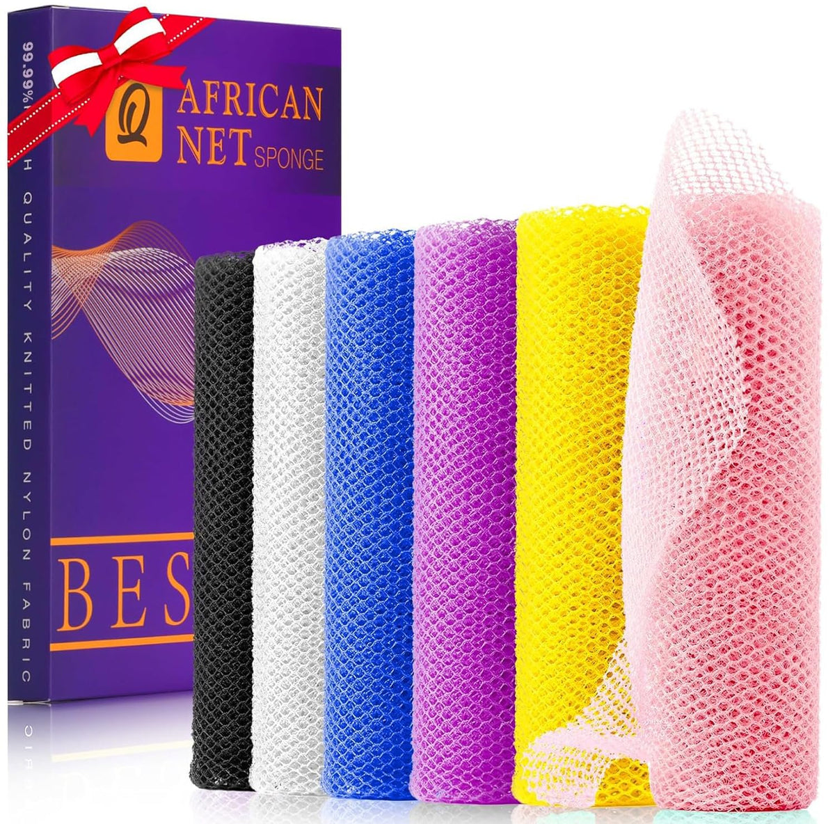 UJFQBH 3 Pack African Net Sponge, African Exfoliating Net Bath Sponge Long Net Bath Sponge Exfoliating Shower Body Scrubber Back Scrubber Skin Smoother,Great for Daily Use (Pink,Yellow,Purple)