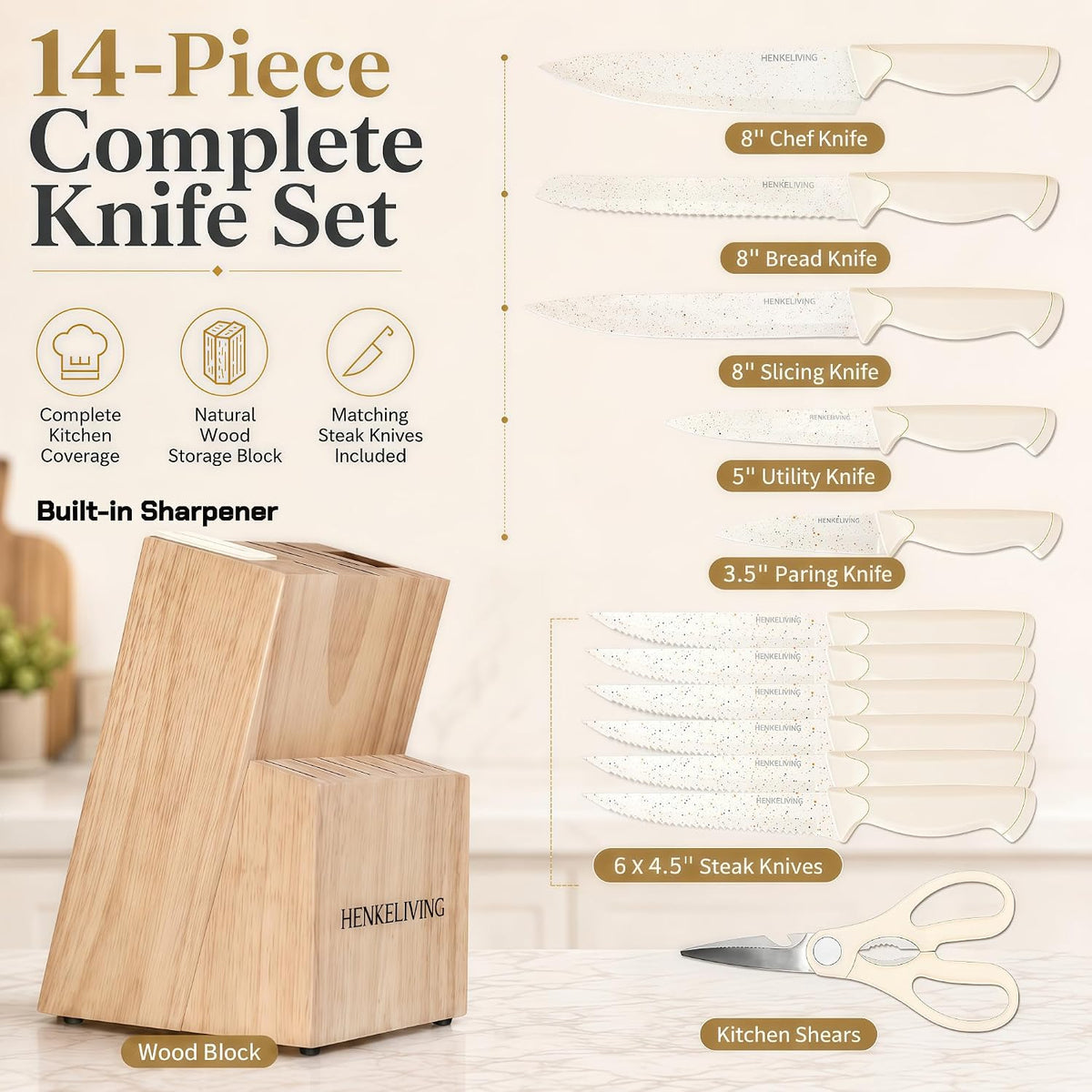 14-Piece Black Kitchen Knife Block Set with Built-In Sharpener | German high-carbon stainless steel blades, dishwasher safe, ultra-sharp edges, ergonomic non-slip handles