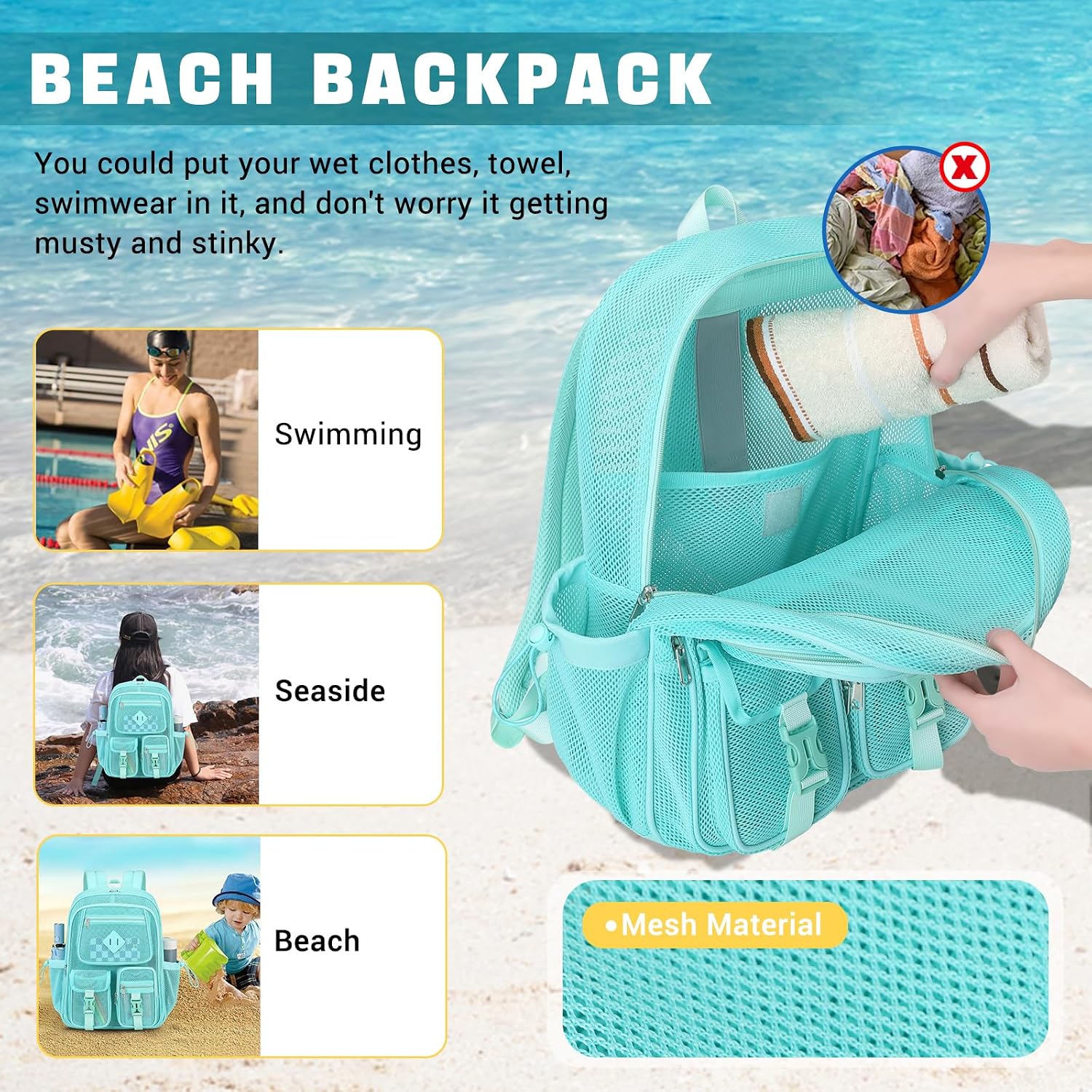MOONBABY Mesh Backpack for School Heavy Duty See Through Net Bookbag Girls Boys Semi-Transparent Net Back Pack for Beach, Swimming, Sports, Work, Travel (Black)