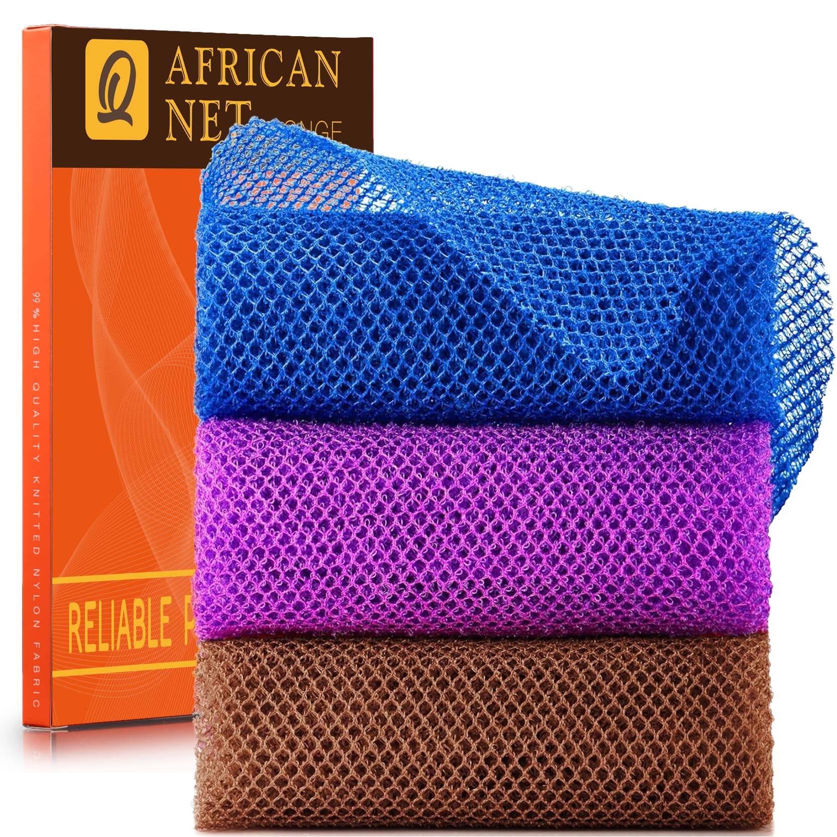 UJFQBH 3 Pack African Net Sponge, African Exfoliating Net Bath Sponge Long Net Bath Sponge Exfoliating Shower Body Scrubber Back Scrubber Skin Smoother,Great for Daily Use (Pink,Yellow,Purple)