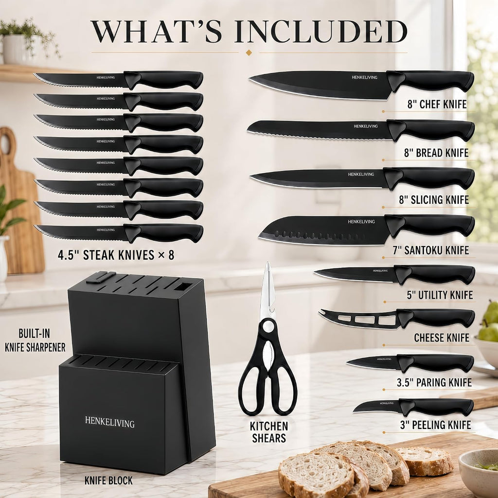 14-Piece Black Kitchen Knife Block Set with Built-In Sharpener | German high-carbon stainless steel blades, dishwasher safe, ultra-sharp edges, ergonomic non-slip handles