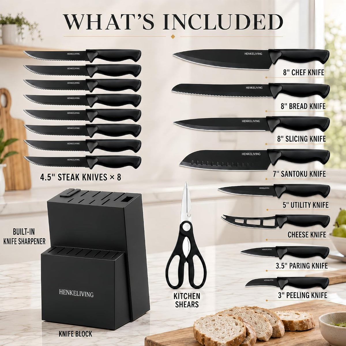 14-Piece Black Kitchen Knife Block Set with Built-In Sharpener | German high-carbon stainless steel blades, dishwasher safe, ultra-sharp edges, ergonomic non-slip handles