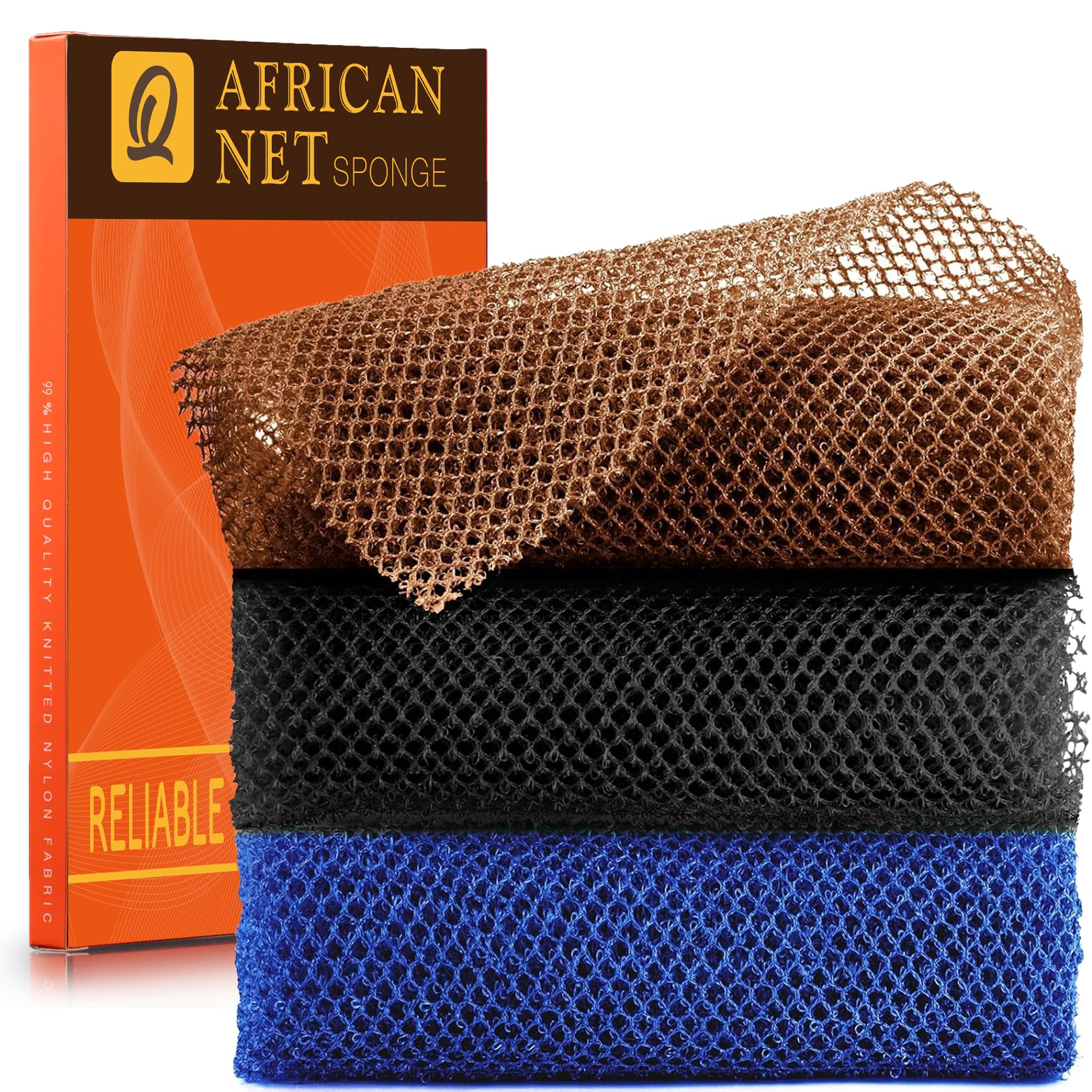 UJFQBH 3 Pack African Net Sponge, African Exfoliating Net Bath Sponge Long Net Bath Sponge Exfoliating Shower Body Scrubber Back Scrubber Skin Smoother,Great for Daily Use (Pink,Yellow,Purple)