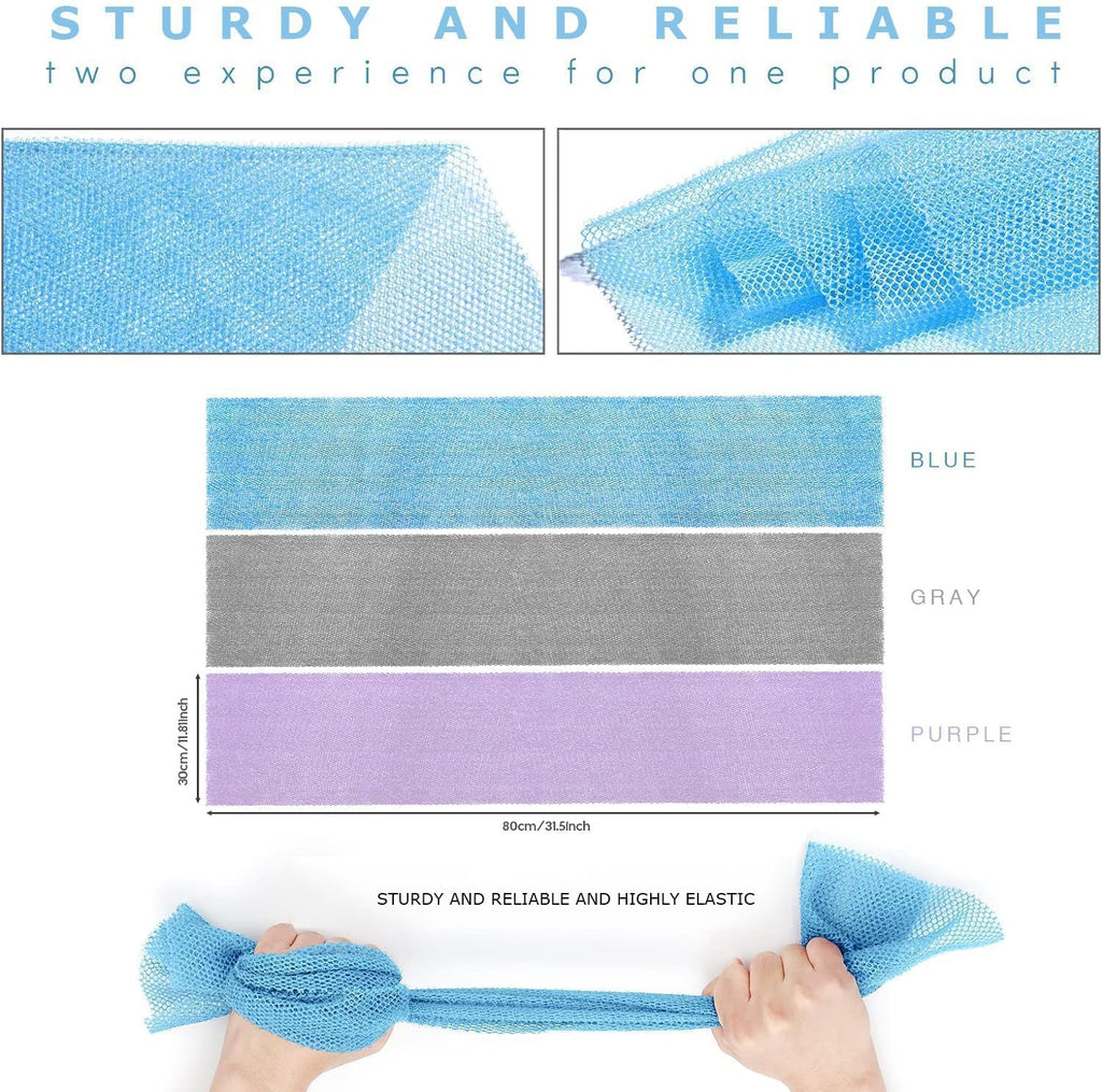 UJFQBH 3 Pack African Net Sponge, African Exfoliating Net Bath Sponge Long Net Bath Sponge Exfoliating Shower Body Scrubber Back Scrubber Skin Smoother,Great for Daily Use (Pink,Yellow,Purple)