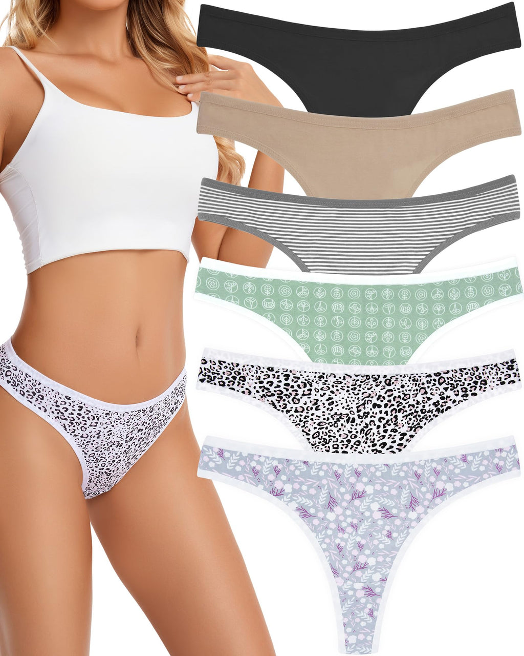 ANZERMIX Women's Breathable Cotton Thong Panties Pack of 6