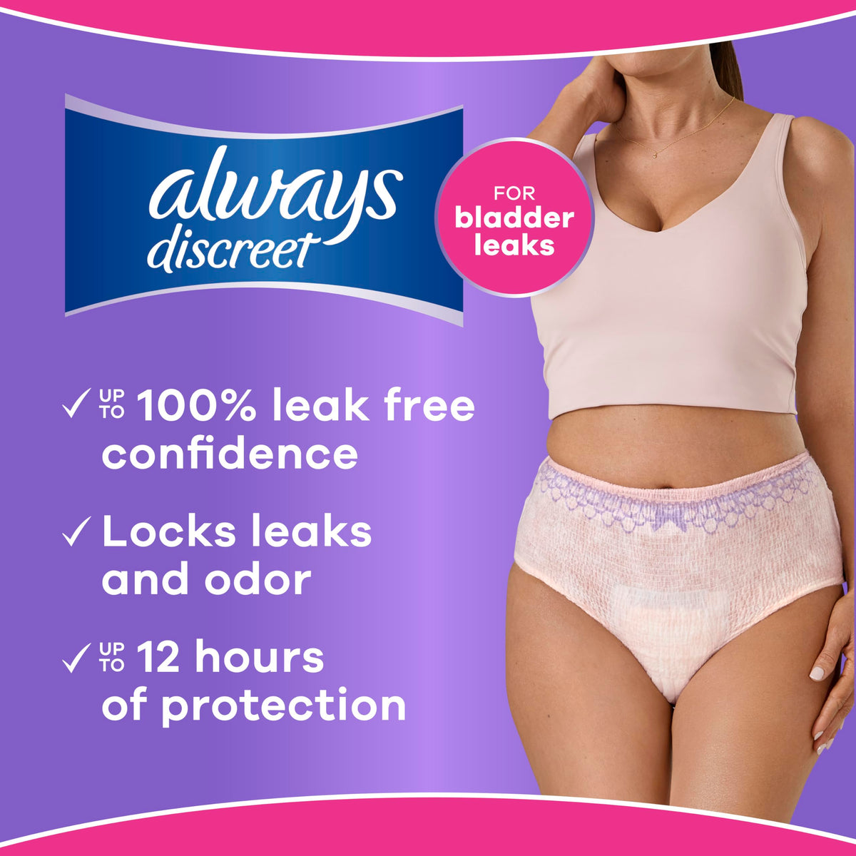 Always Discreet Adult Diapers for Women, Incontinence Underwear, Postpartum Essentials, Disposable Briefs, Max Absorbency, Bladder Leak Protection, Small/Medium, 32ct