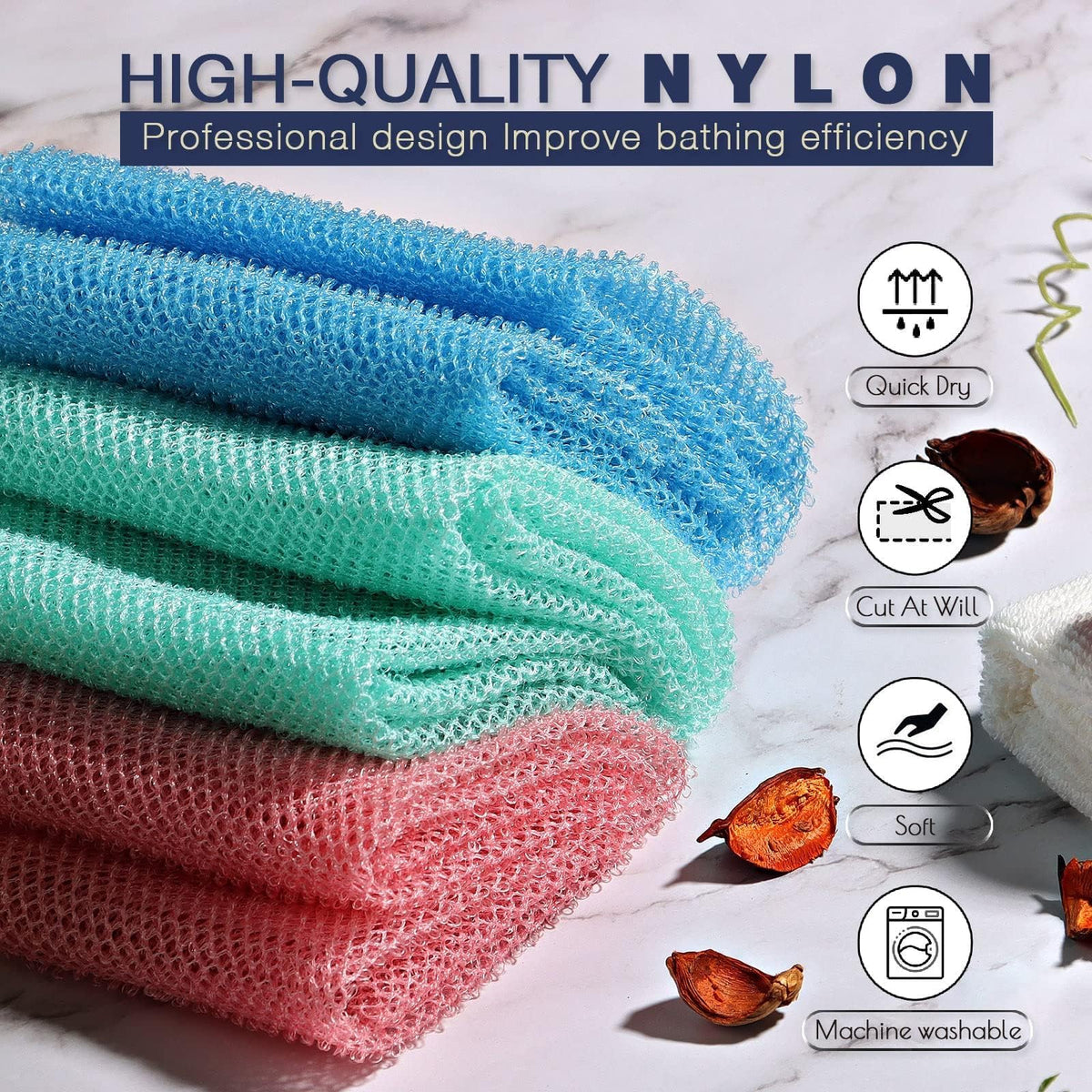 UJFQBH 3 Pack African Net Sponge, African Exfoliating Net Bath Sponge Long Net Bath Sponge Exfoliating Shower Body Scrubber Back Scrubber Skin Smoother,Great for Daily Use (Pink,Yellow,Purple)
