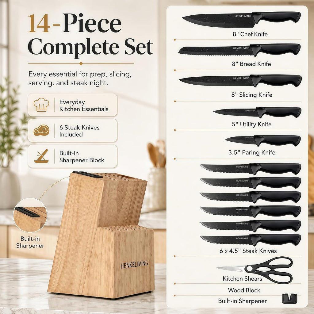 14-Piece Black Kitchen Knife Block Set with Built-In Sharpener | German high-carbon stainless steel blades, dishwasher safe, ultra-sharp edges, ergonomic non-slip handles