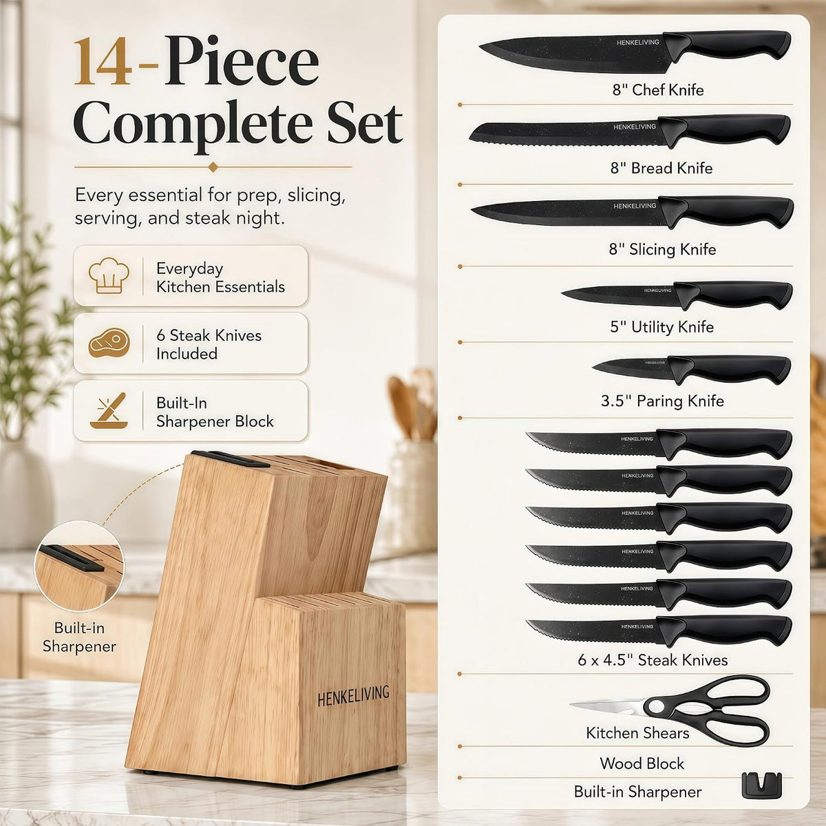 14-Piece Black Kitchen Knife Block Set with Built-In Sharpener | German high-carbon stainless steel blades, dishwasher safe, ultra-sharp edges, ergonomic non-slip handles