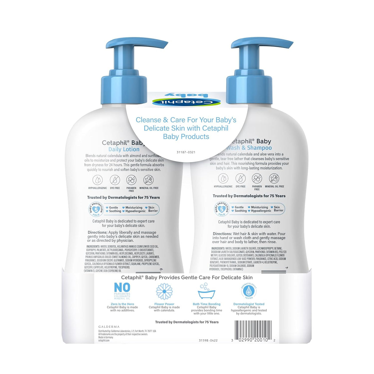 Cetaphil Baby Wash & Shampoo + Lotion – Sensitive Skin, Calendula, 13.5 oz, 2-Pack