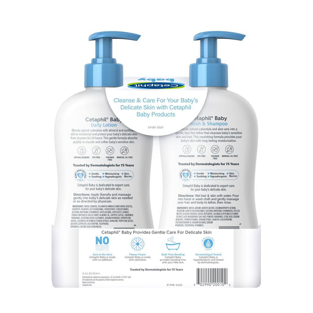 Cetaphil Baby Wash & Shampoo + Lotion – Sensitive Skin, Calendula, 13.5 oz, 2-Pack
