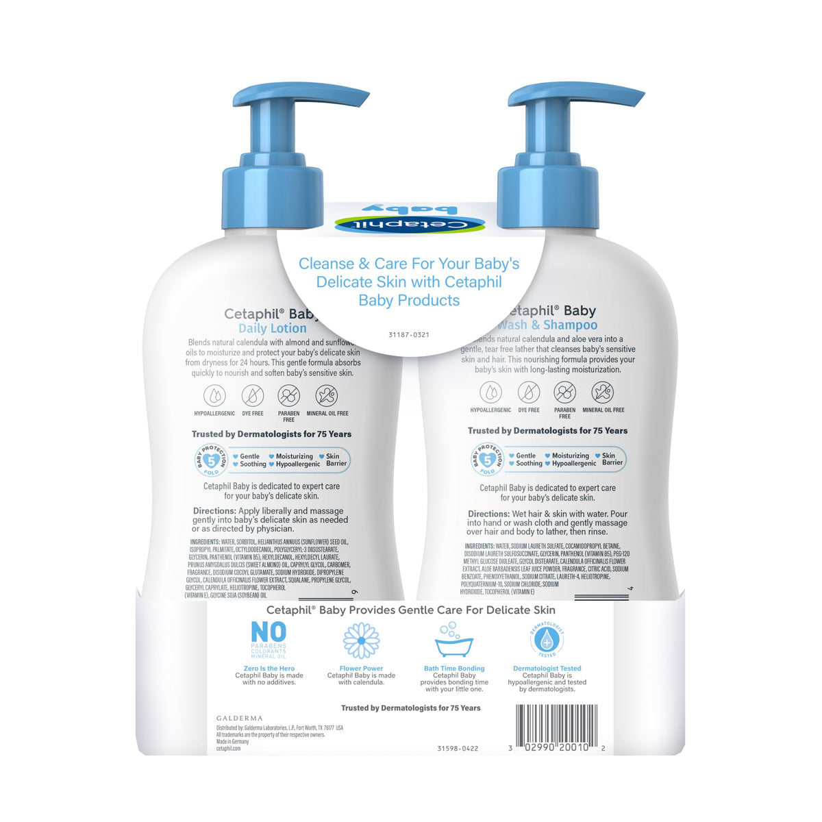 Cetaphil Baby Wash & Shampoo + Lotion – Sensitive Skin, Calendula, 13.5 oz, 2-Pack