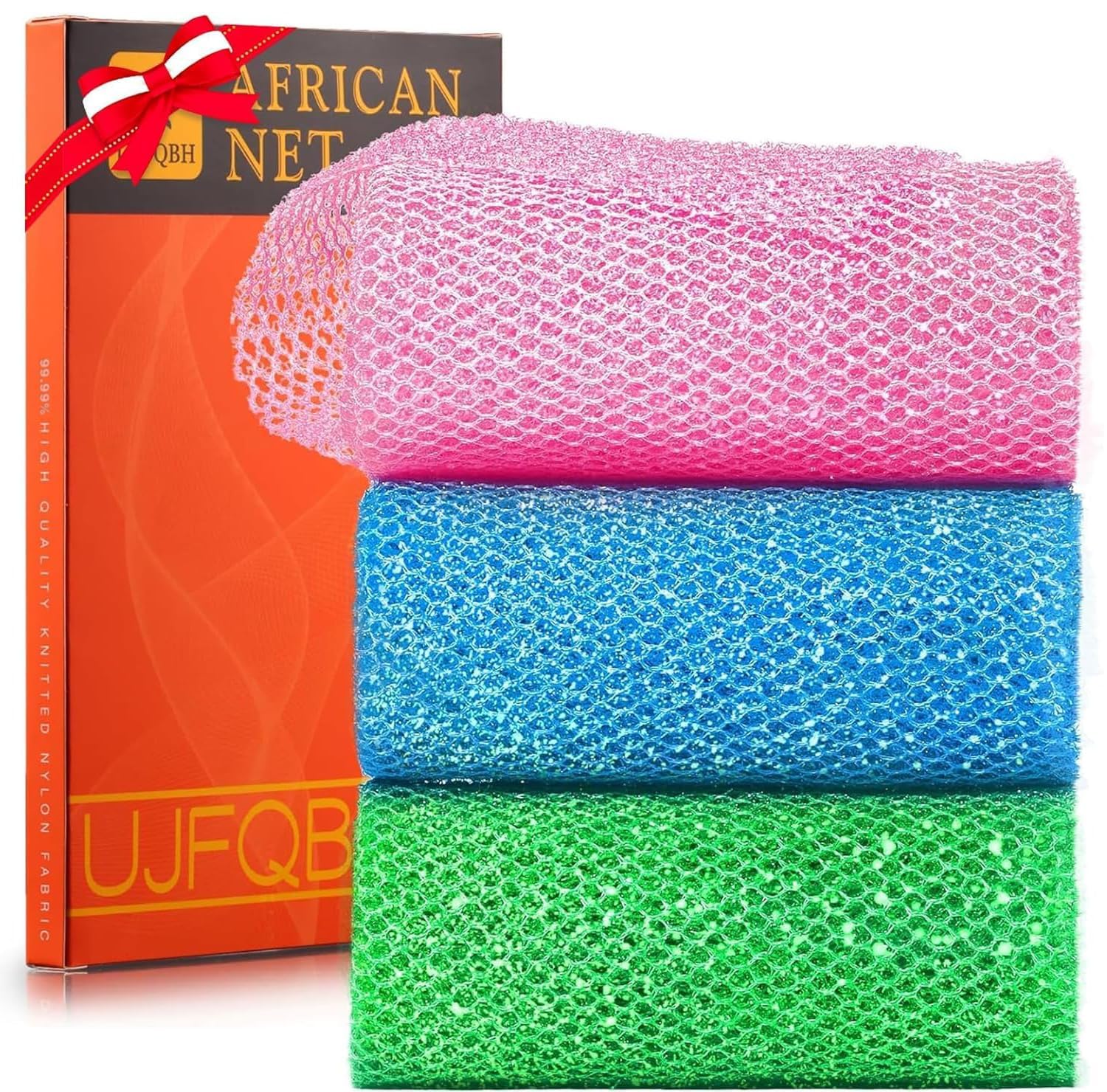 UJFQBH 3 Pack African Net Sponge, African Exfoliating Net Bath Sponge Long Net Bath Sponge Exfoliating Shower Body Scrubber Back Scrubber Skin Smoother,Great for Daily Use (Pink,Yellow,Purple)