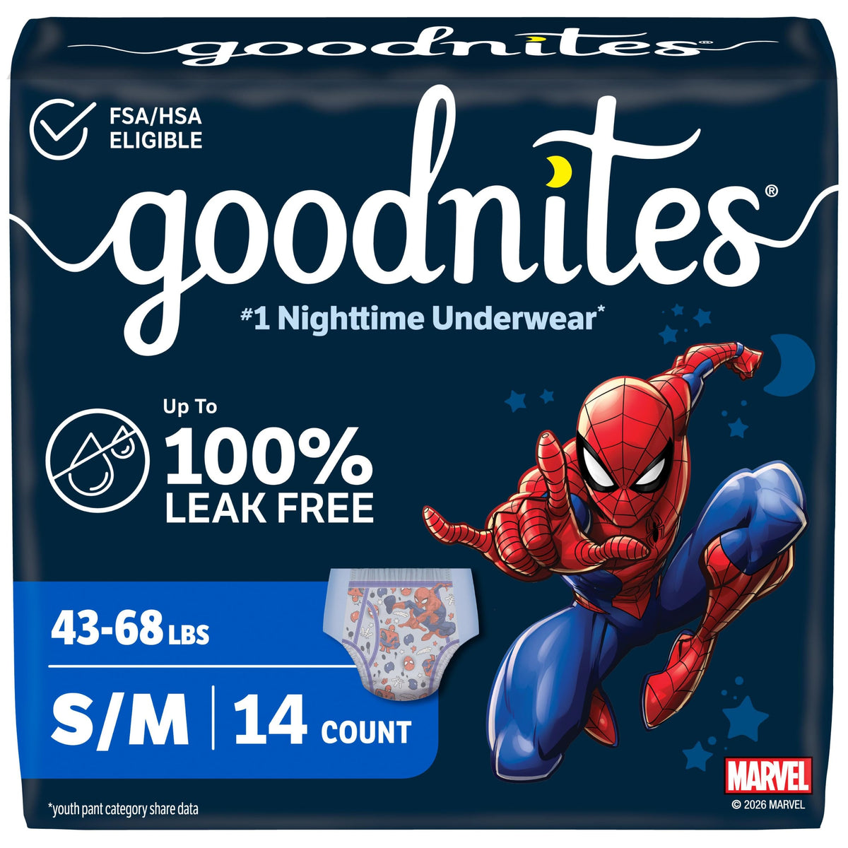 Goodnites Boys' Nighttime Bedwetting Underwear, Size Extra Small (28-43 lbs), 44 Ct (2 Packs of 22), Packaging May Vary