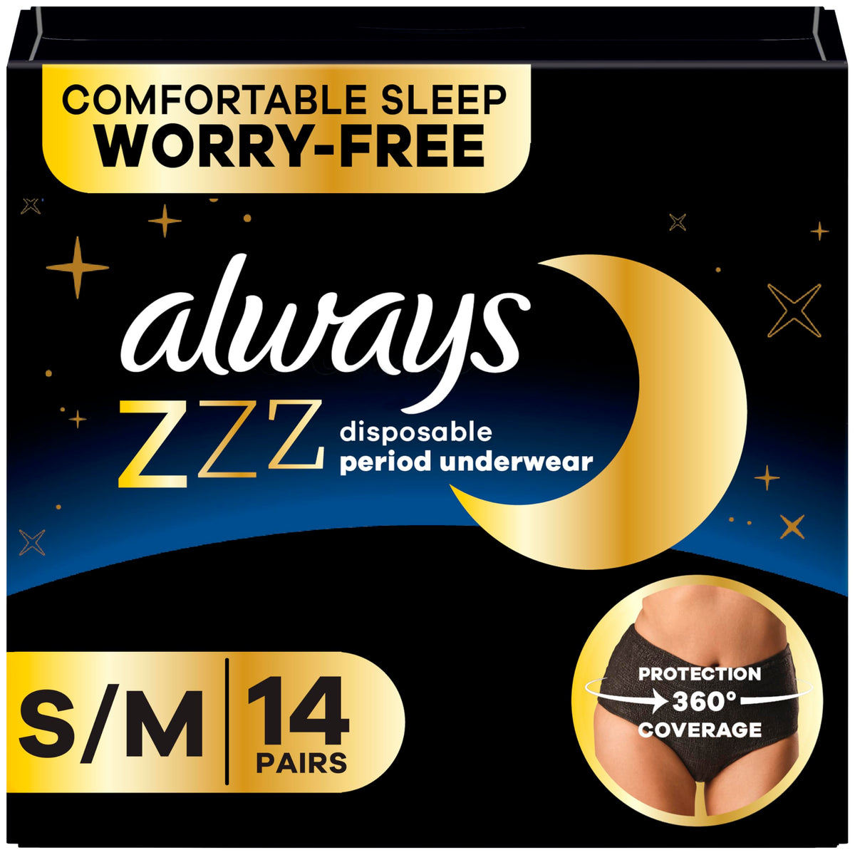 Always ZZZ Overnight Disposable Period Underwear for Women Extra Large/2LX, 360° Coverage for Worry-Free Nights, 14 Count (2 Packs of 7)