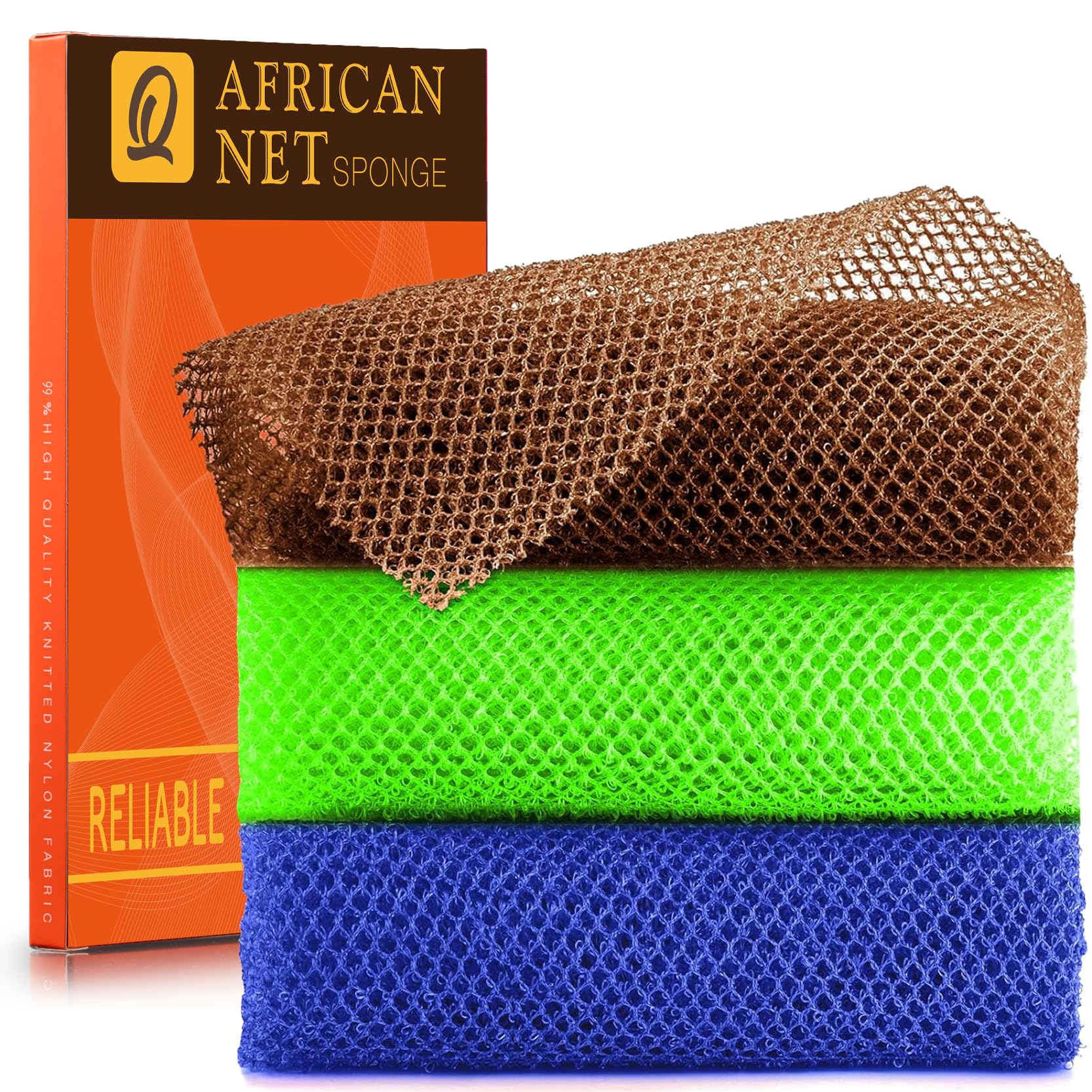 UJFQBH 3 Pack African Net Sponge, African Exfoliating Net Bath Sponge Long Net Bath Sponge Exfoliating Shower Body Scrubber Back Scrubber Skin Smoother,Great for Daily Use (Pink,Yellow,Purple)
