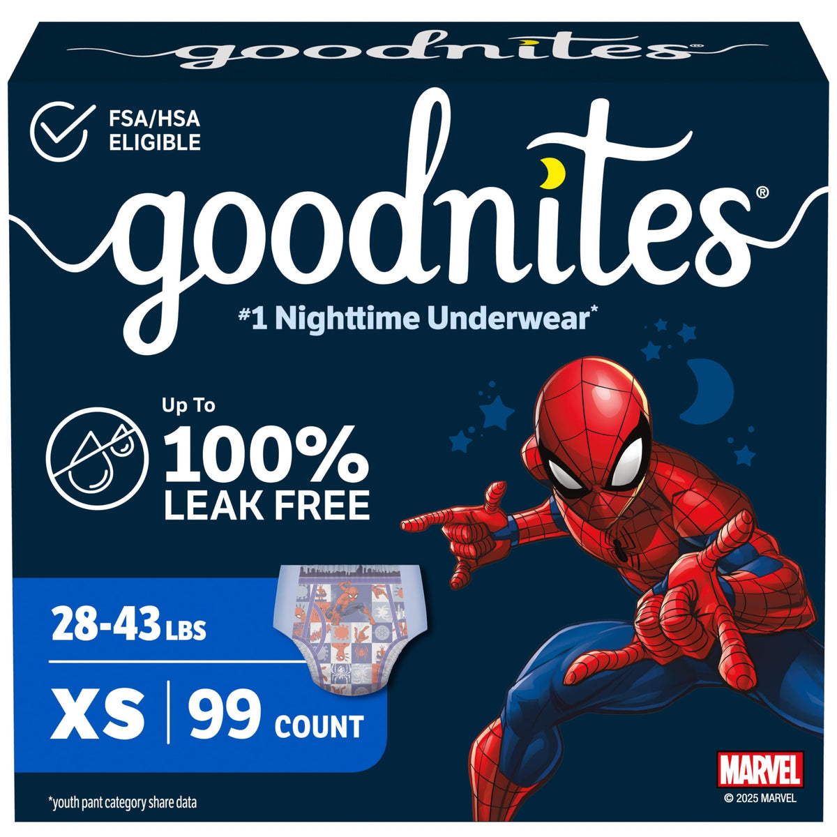 Goodnites Boys' Nighttime Bedwetting Underwear, Size Extra Small (28-43 lbs), 44 Ct (2 Packs of 22), Packaging May Vary