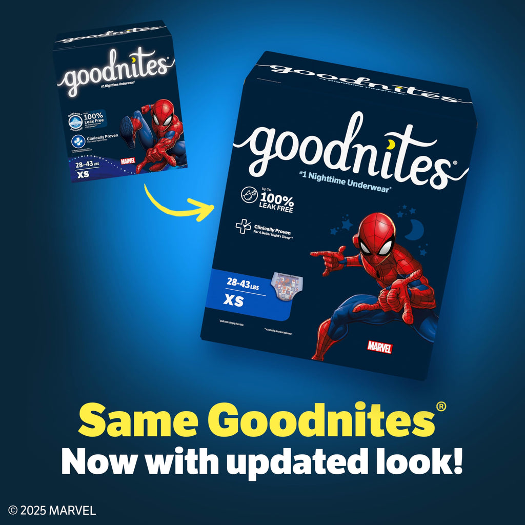 Goodnites Boys' Nighttime Bedwetting Underwear, Size Extra Small (28-43 lbs), 44 Ct (2 Packs of 22), Packaging May Vary