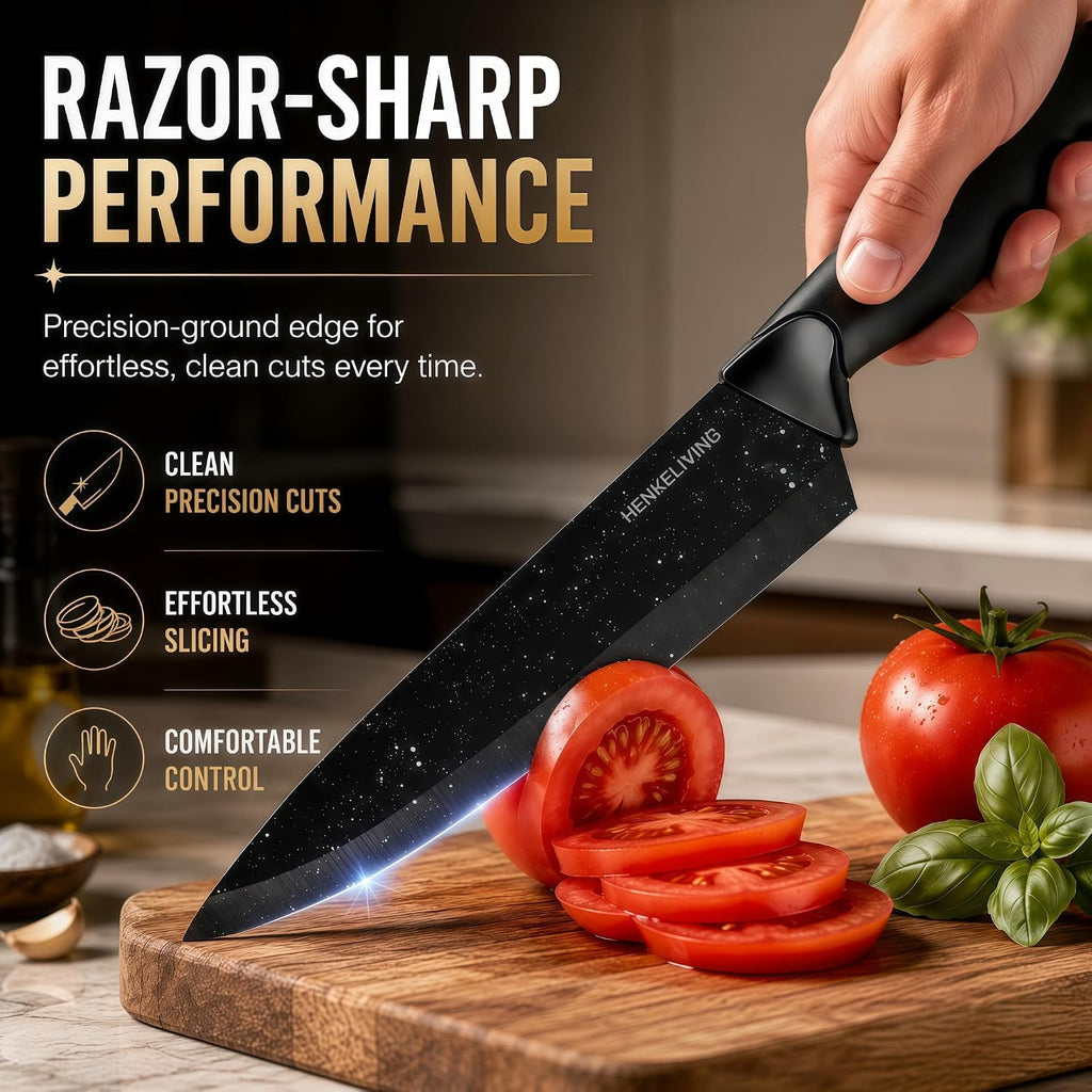 14-Piece Black Kitchen Knife Block Set with Built-In Sharpener | German high-carbon stainless steel blades, dishwasher safe, ultra-sharp edges, ergonomic non-slip handles
