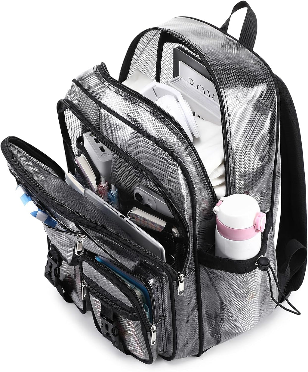 MOONBABY Mesh Backpack for School Heavy Duty See Through Net Bookbag Girls Boys Semi-Transparent Net Back Pack for Beach, Swimming, Sports, Work, Travel (Black)