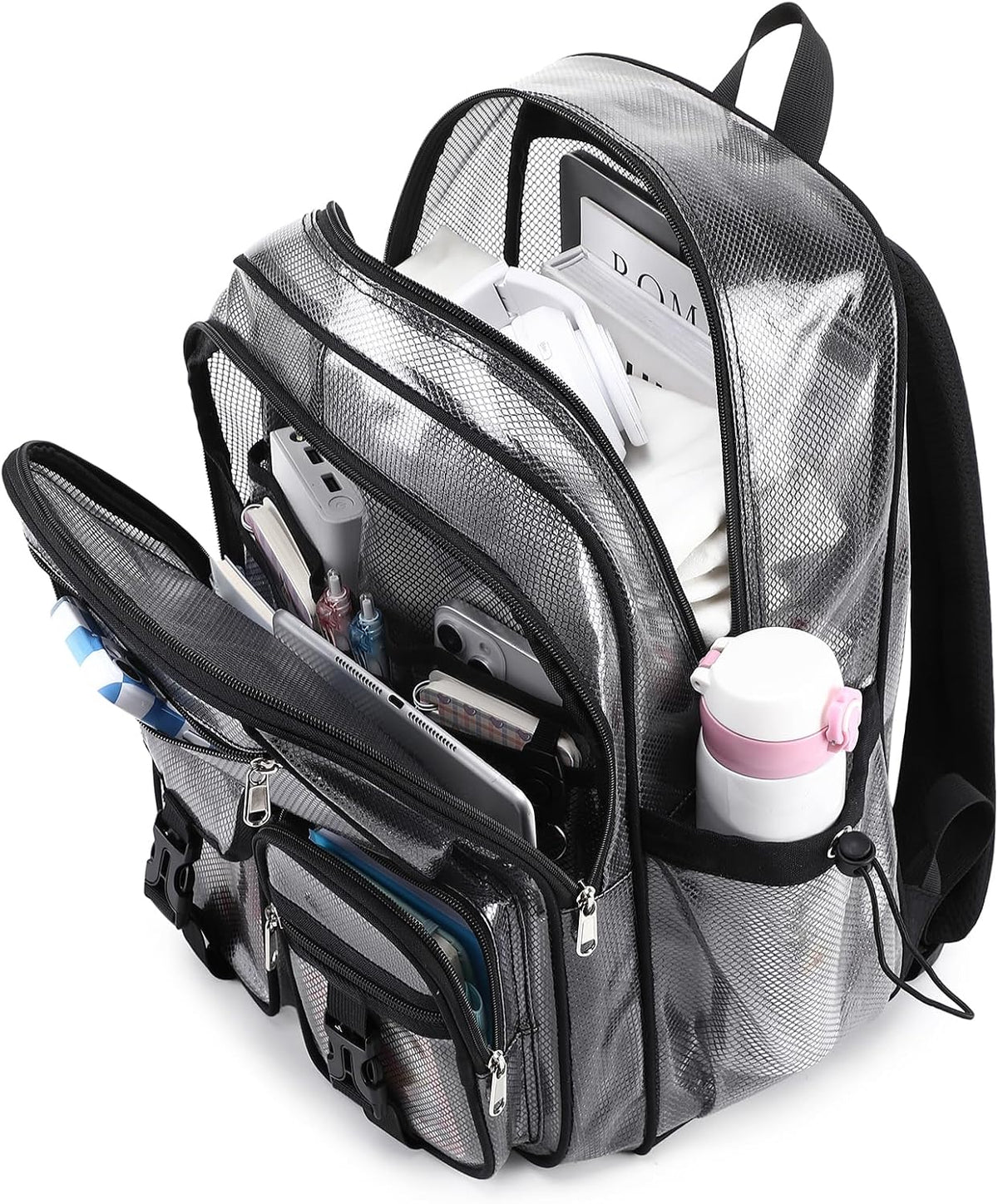 MOONBABY Mesh Backpack for School Heavy Duty See Through Net Bookbag Girls Boys Semi-Transparent Net Back Pack for Beach, Swimming, Sports, Work, Travel (Black)