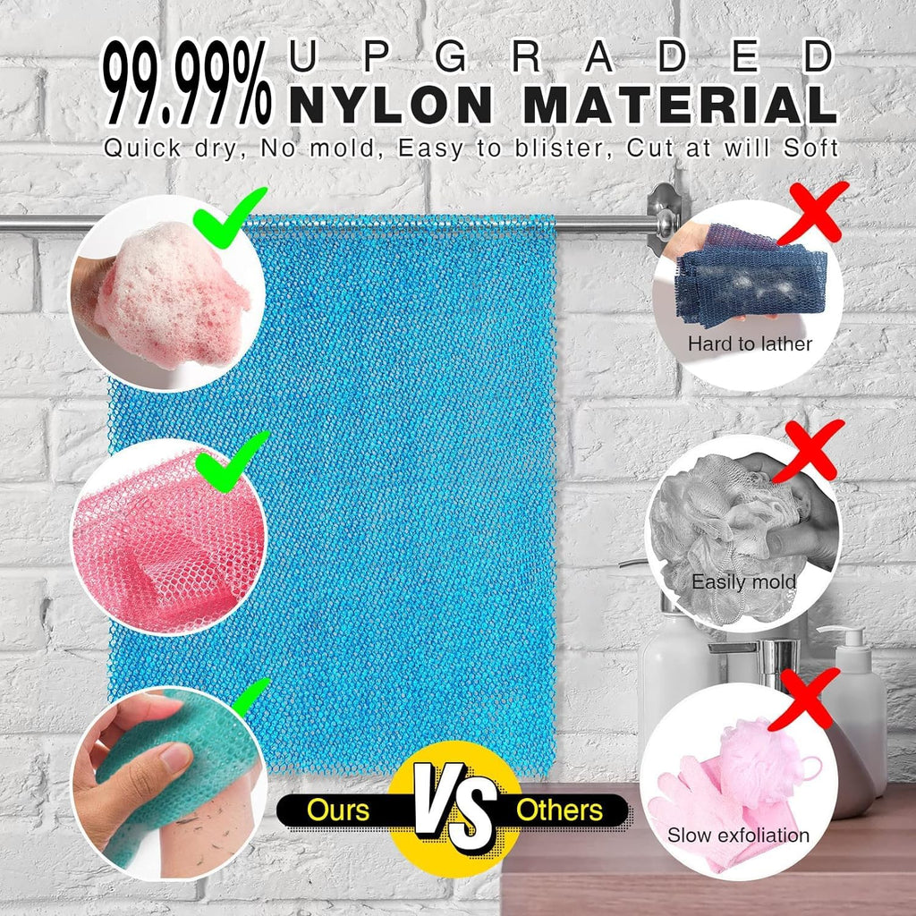 UJFQBH 3 Pack African Net Sponge, African Exfoliating Net Bath Sponge Long Net Bath Sponge Exfoliating Shower Body Scrubber Back Scrubber Skin Smoother,Great for Daily Use (Pink,Yellow,Purple)