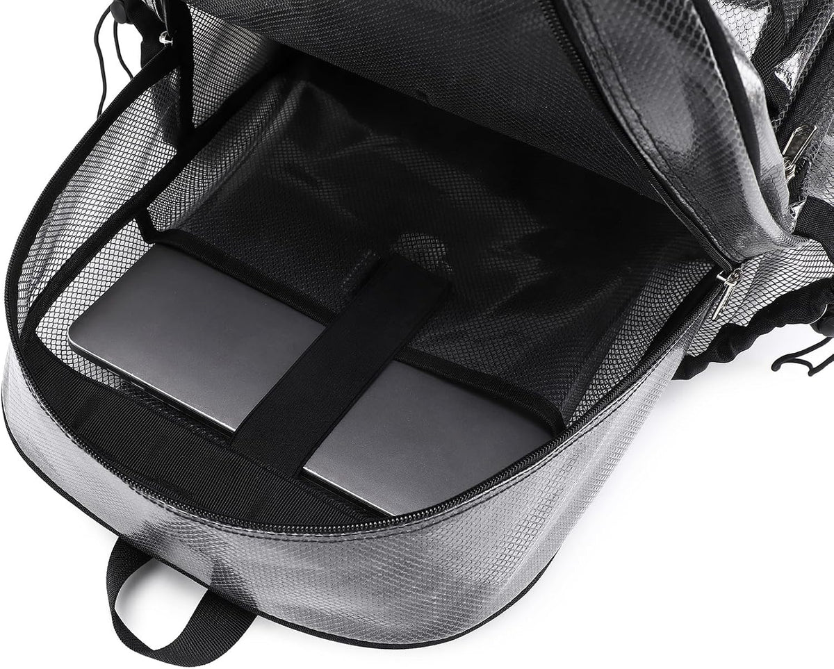 MOONBABY Mesh Backpack for School Heavy Duty See Through Net Bookbag Girls Boys Semi-Transparent Net Back Pack for Beach, Swimming, Sports, Work, Travel (Black)