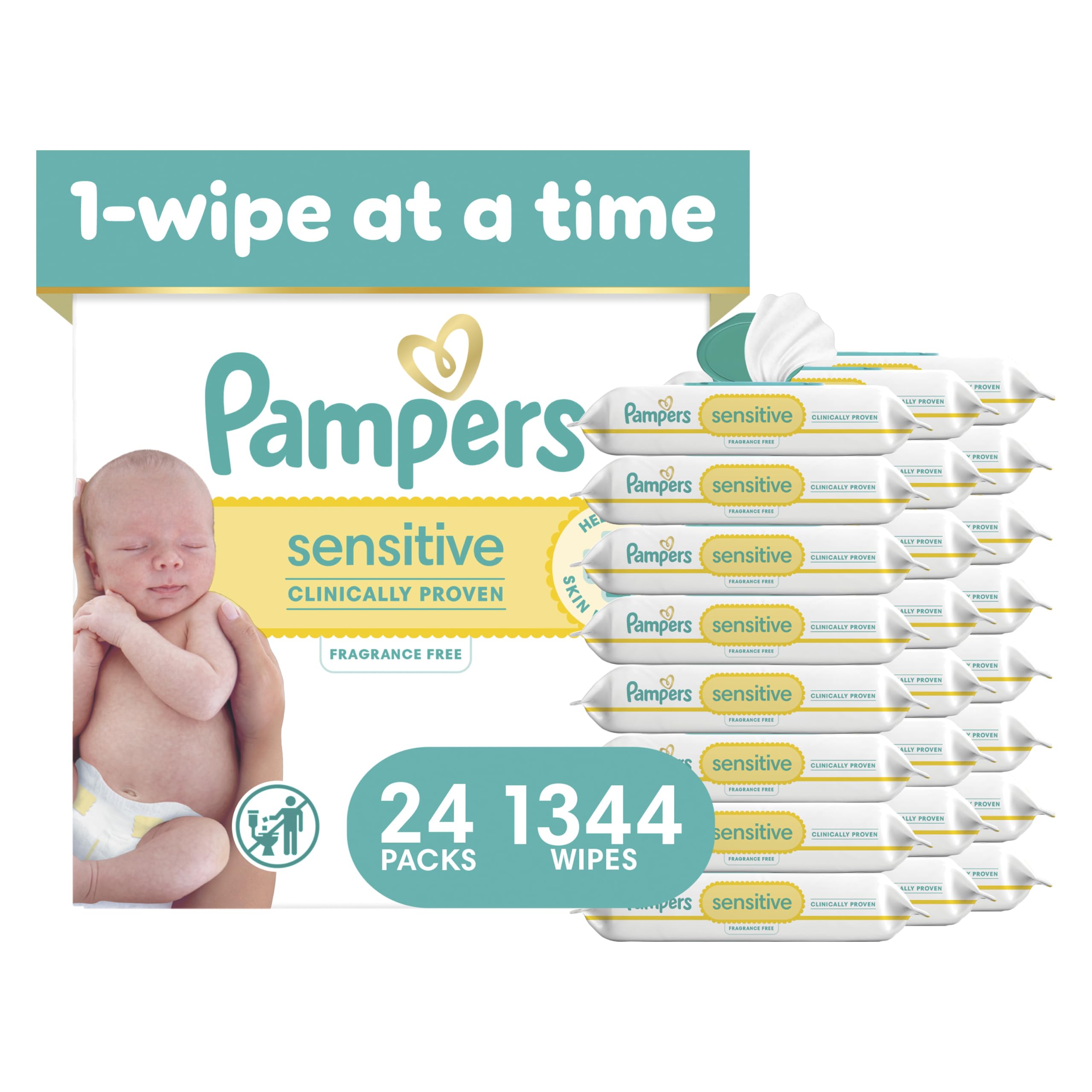 Pampers Sensitive Baby Wipes, Clinically Proven, Fragrance Free, Unscented, Water Based, Hypoallergenic, Multi-Use, Hand Wipes 504 Wipes Total (6X Flip-Top Packs) [Packaging May Vary]
