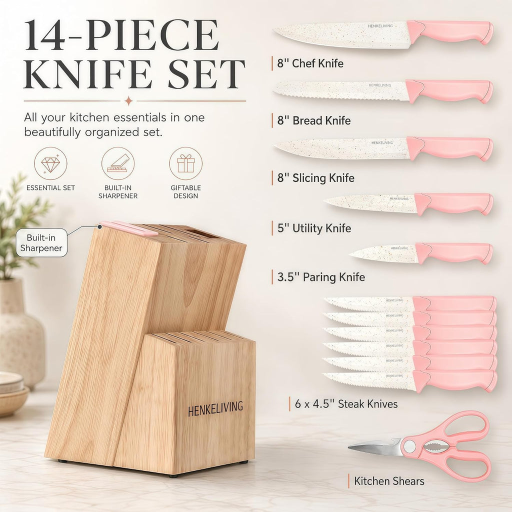 14-Piece Black Kitchen Knife Block Set with Built-In Sharpener | German high-carbon stainless steel blades, dishwasher safe, ultra-sharp edges, ergonomic non-slip handles