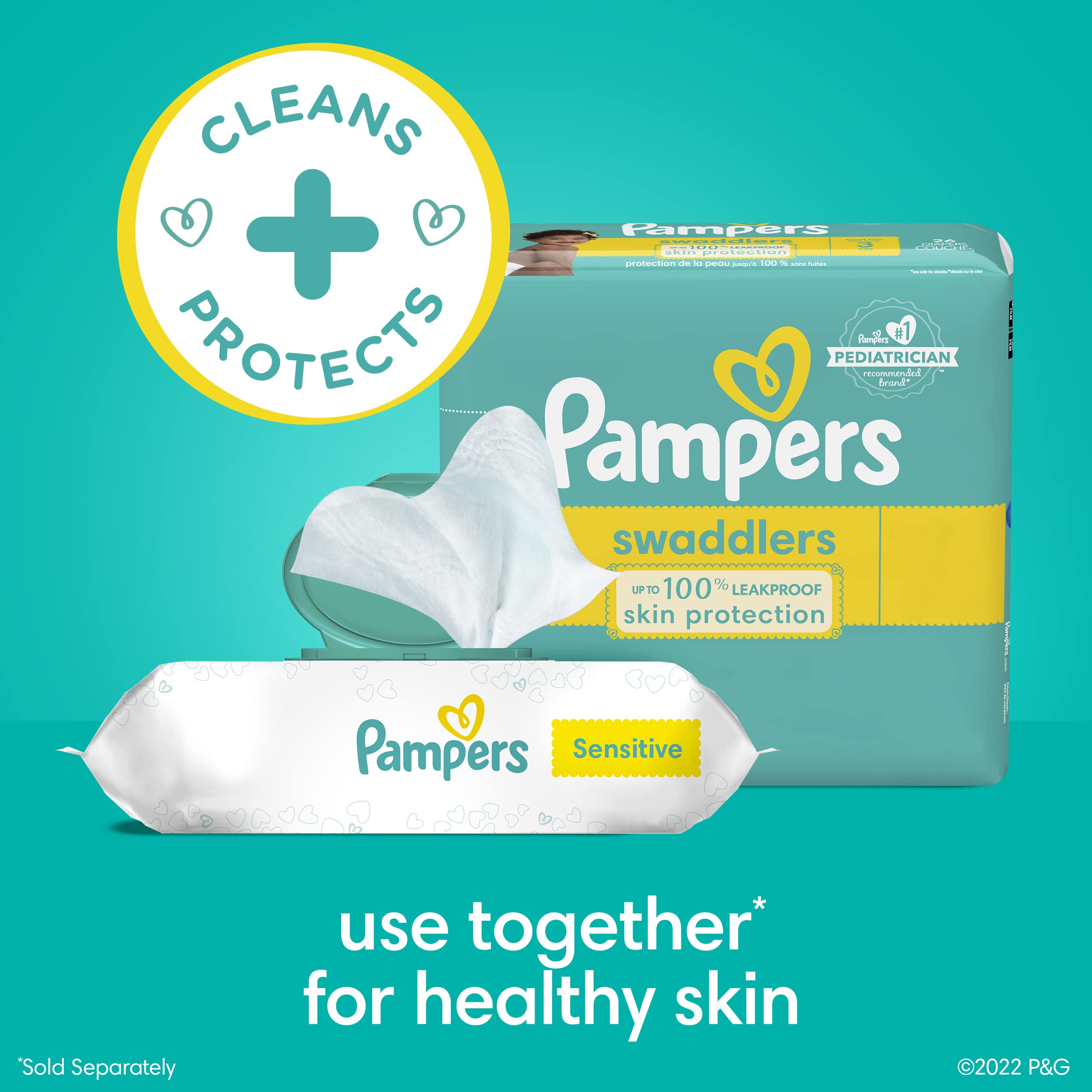 Pampers Sensitive Baby Wipes, Clinically Proven, Fragrance Free, Unscented, Water Based, Hypoallergenic, Multi-Use, Hand Wipes 504 Wipes Total (6X Flip-Top Packs) [Packaging May Vary]