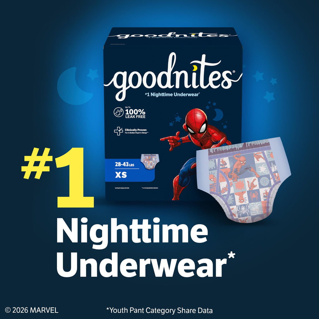 Goodnites Boys' Nighttime Bedwetting Underwear, Size Extra Small (28-43 lbs), 44 Ct (2 Packs of 22), Packaging May Vary