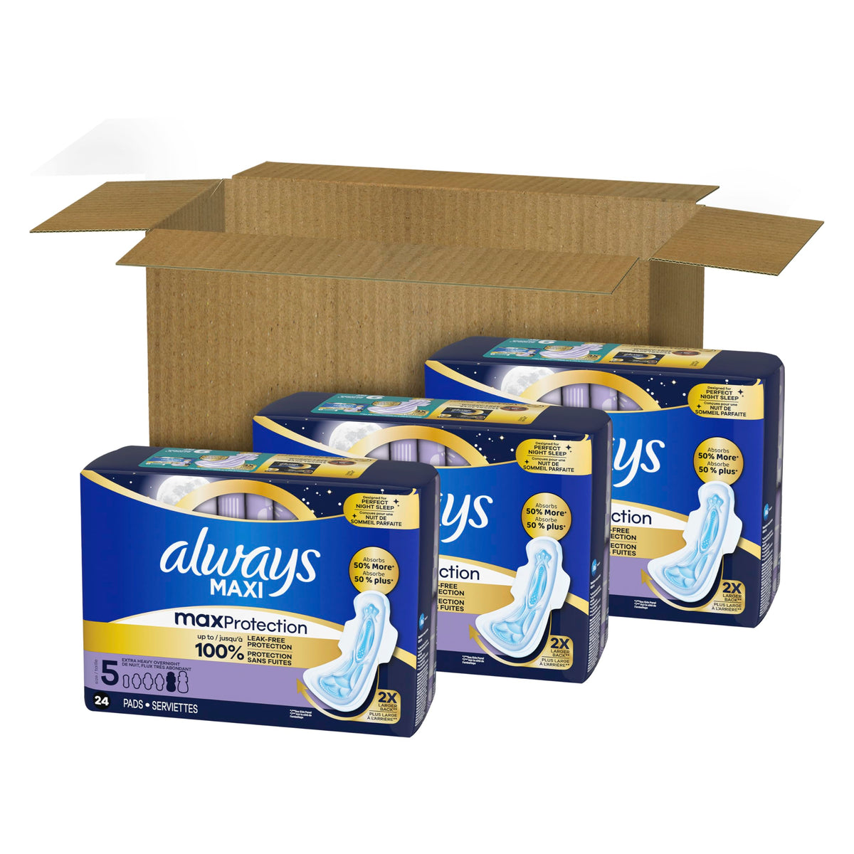 Always Maxi Overnight Pads with Wings for Women, Size 5, Extra Heavy Overnight Absorbency, Unscented, 36 Count