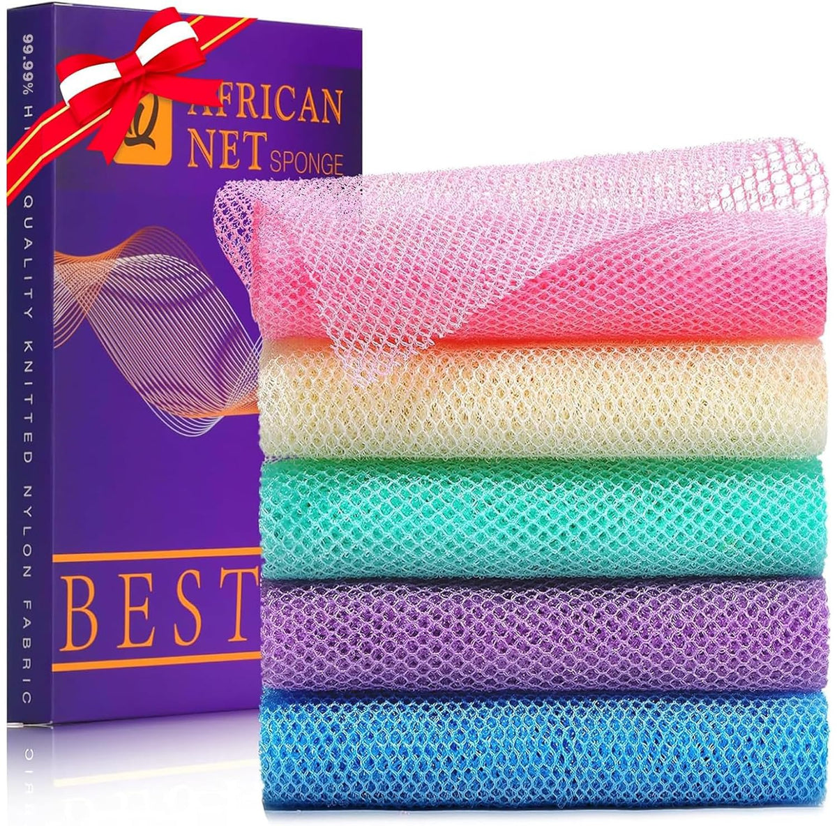 UJFQBH 3 Pack African Net Sponge, African Exfoliating Net Bath Sponge Long Net Bath Sponge Exfoliating Shower Body Scrubber Back Scrubber Skin Smoother,Great for Daily Use (Pink,Yellow,Purple)