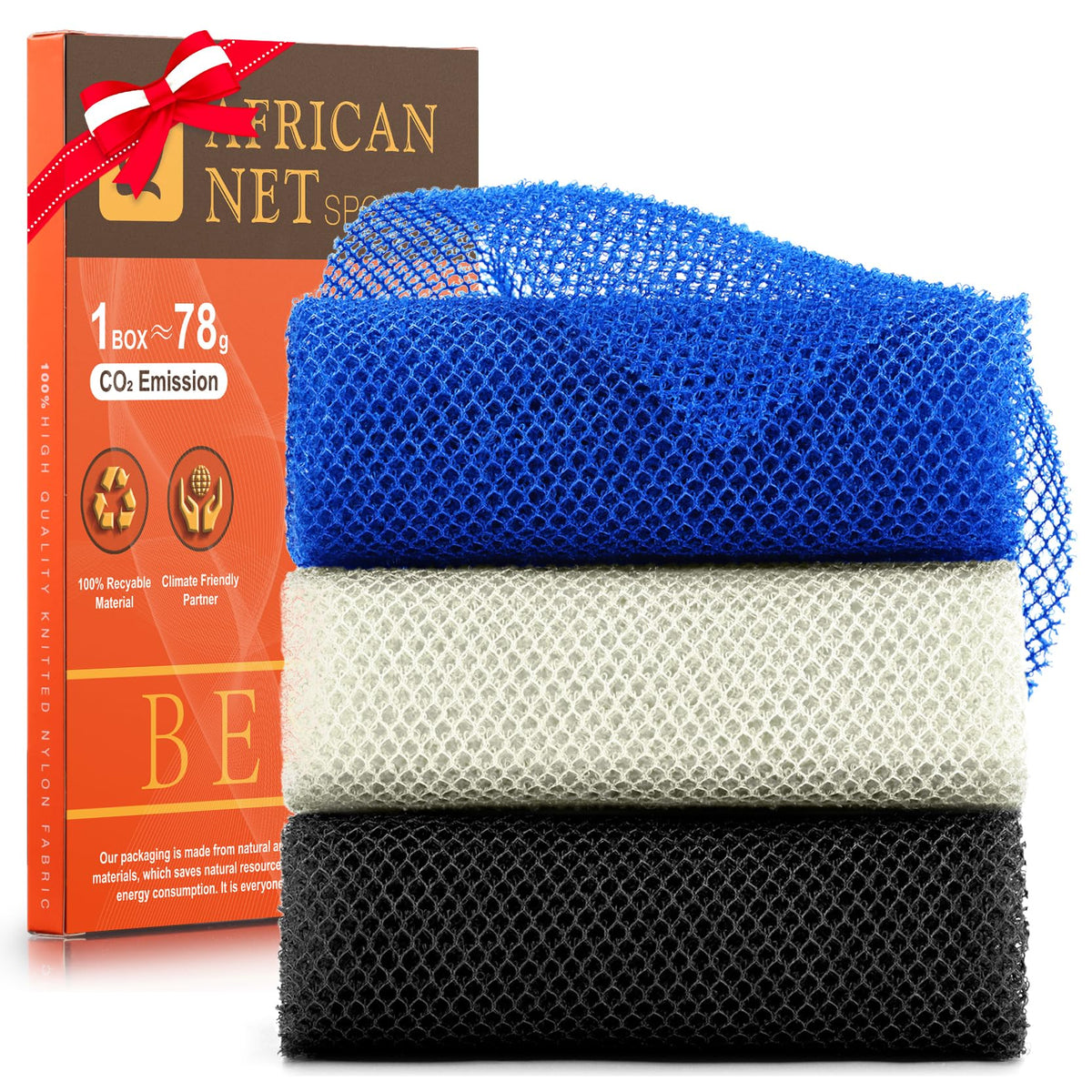 UJFQBH 3 Pack African Net Sponge, African Exfoliating Net Bath Sponge Long Net Bath Sponge Exfoliating Shower Body Scrubber Back Scrubber Skin Smoother,Great for Daily Use (Pink,Yellow,Purple)