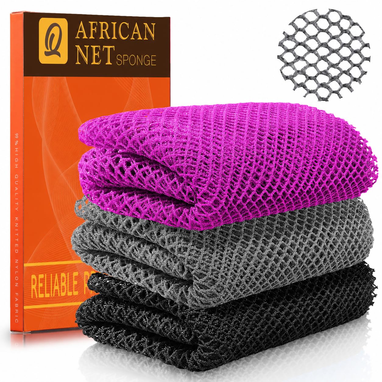 UJFQBH 3 Pack African Net Sponge, African Exfoliating Net Bath Sponge Long Net Bath Sponge Exfoliating Shower Body Scrubber Back Scrubber Skin Smoother,Great for Daily Use (Pink,Yellow,Purple)