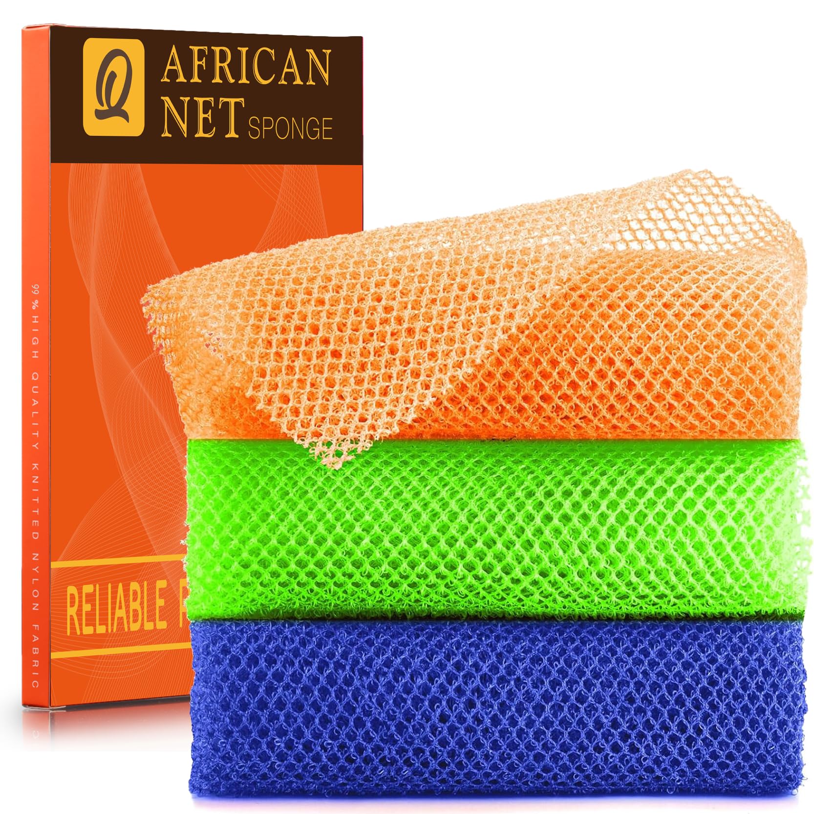 UJFQBH 3 Pack African Net Sponge, African Exfoliating Net Bath Sponge Long Net Bath Sponge Exfoliating Shower Body Scrubber Back Scrubber Skin Smoother,Great for Daily Use (Pink,Yellow,Purple)