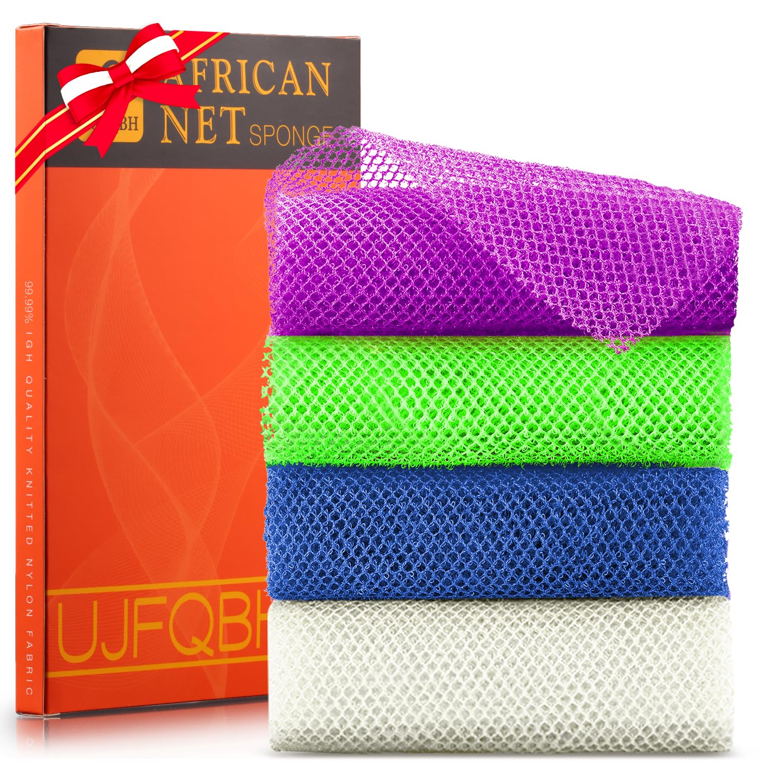 UJFQBH 3 Pack African Net Sponge, African Exfoliating Net Bath Sponge Long Net Bath Sponge Exfoliating Shower Body Scrubber Back Scrubber Skin Smoother,Great for Daily Use (Pink,Yellow,Purple)