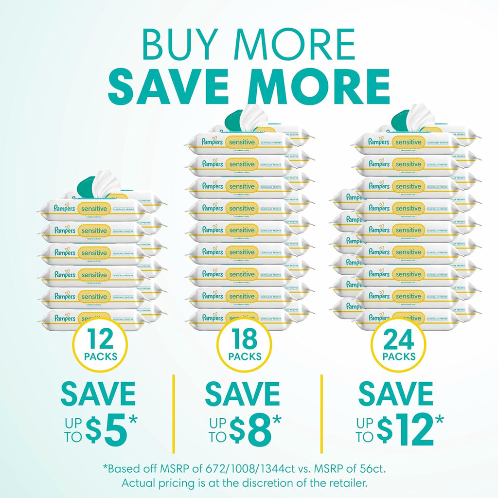 Pampers Sensitive Baby Wipes, Clinically Proven, Fragrance Free, Unscented, Water Based, Hypoallergenic, Multi-Use, Hand Wipes 504 Wipes Total (6X Flip-Top Packs) [Packaging May Vary]