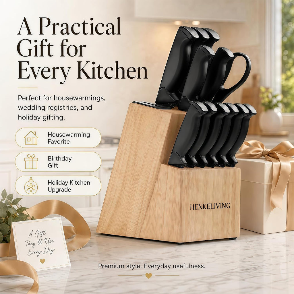 14-Piece Black Kitchen Knife Block Set with Built-In Sharpener | German high-carbon stainless steel blades, dishwasher safe, ultra-sharp edges, ergonomic non-slip handles