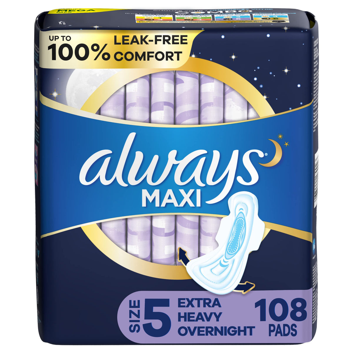Always Maxi Overnight Pads with Wings for Women, Size 5, Extra Heavy Overnight Absorbency, Unscented, 36 Count