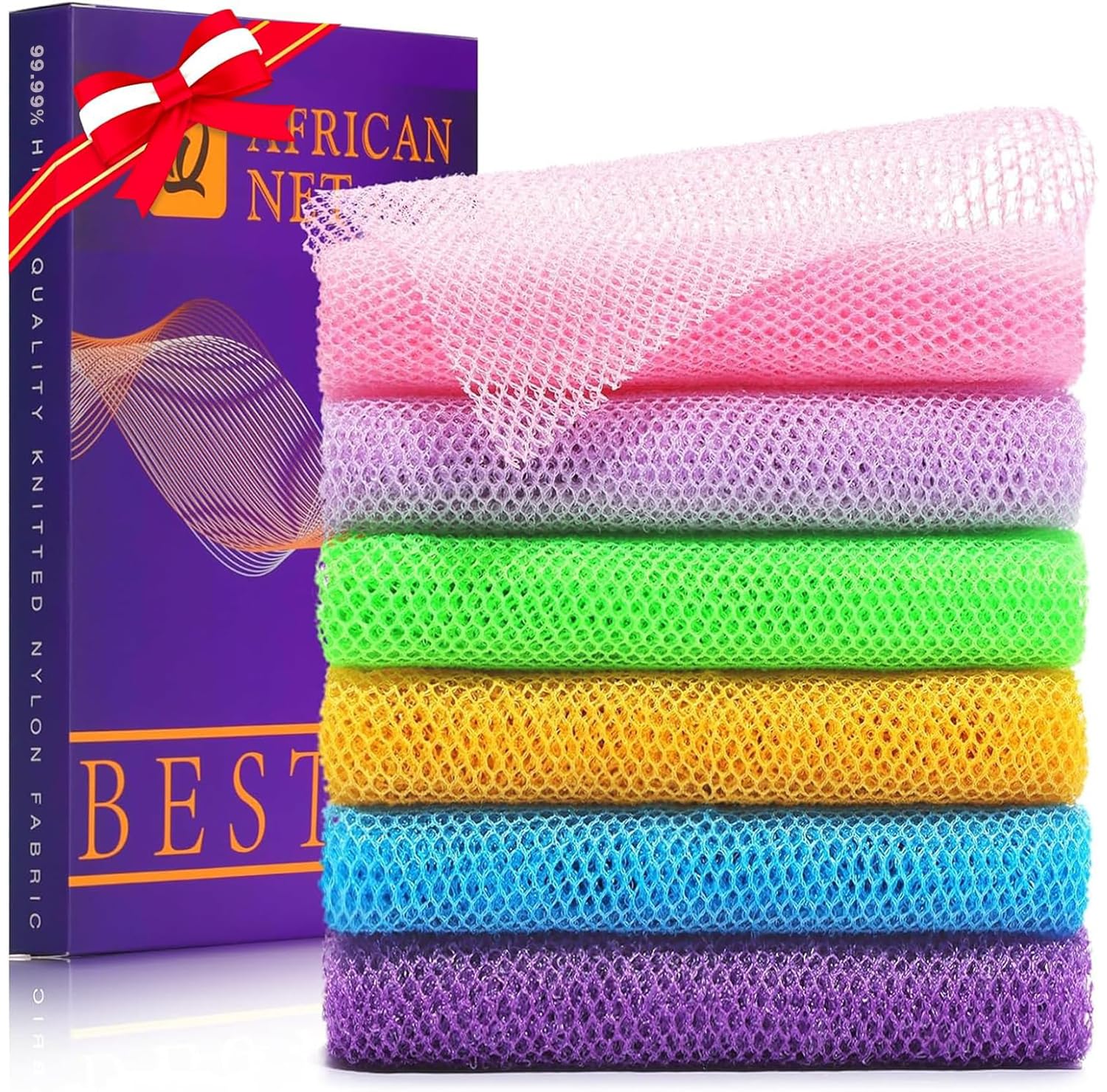UJFQBH 3 Pack African Net Sponge, African Exfoliating Net Bath Sponge Long Net Bath Sponge Exfoliating Shower Body Scrubber Back Scrubber Skin Smoother,Great for Daily Use (Pink,Yellow,Purple)
