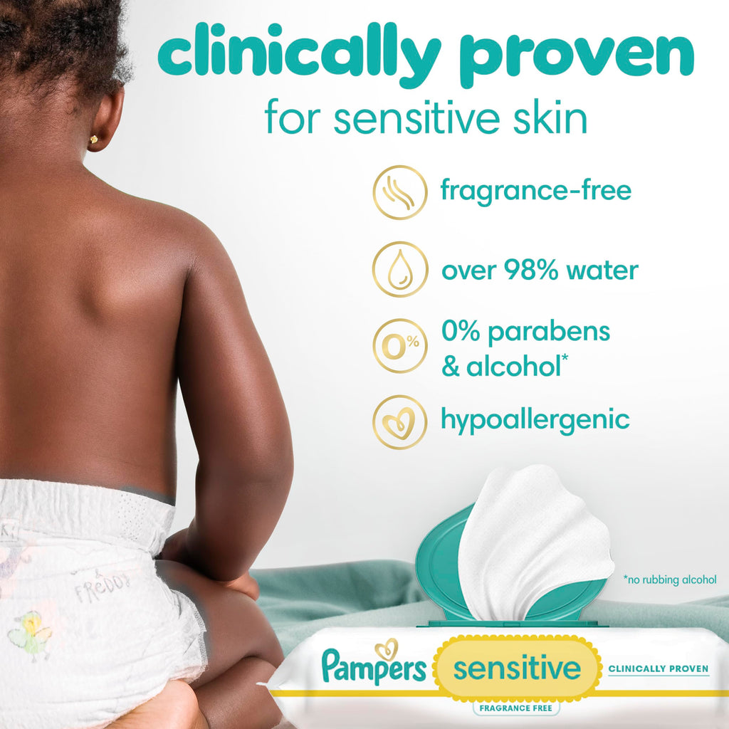 Pampers Sensitive Baby Wipes, Clinically Proven, Fragrance Free, Unscented, Water Based, Hypoallergenic, Multi-Use, Hand Wipes 504 Wipes Total (6X Flip-Top Packs) [Packaging May Vary]