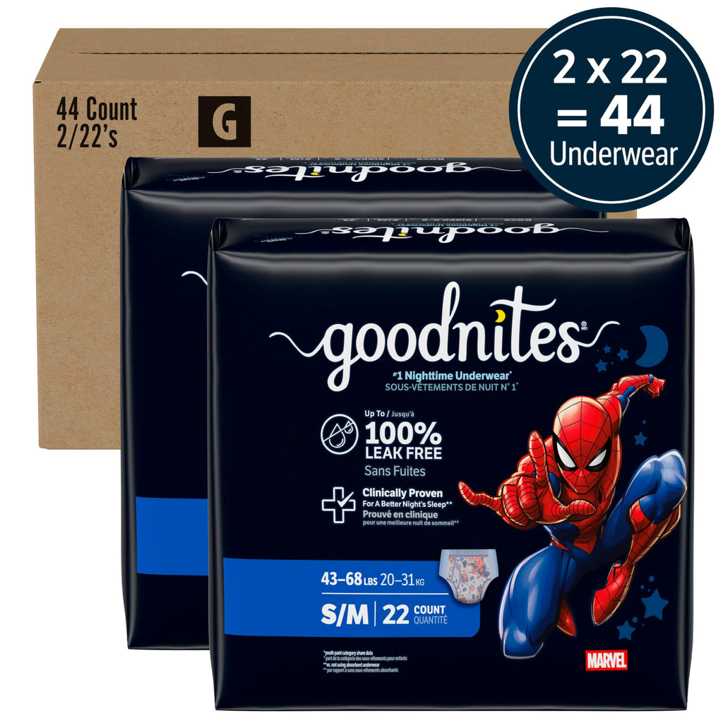 Goodnites Boys' Nighttime Bedwetting Underwear, Size Extra Small (28-43 lbs), 44 Ct (2 Packs of 22), Packaging May Vary