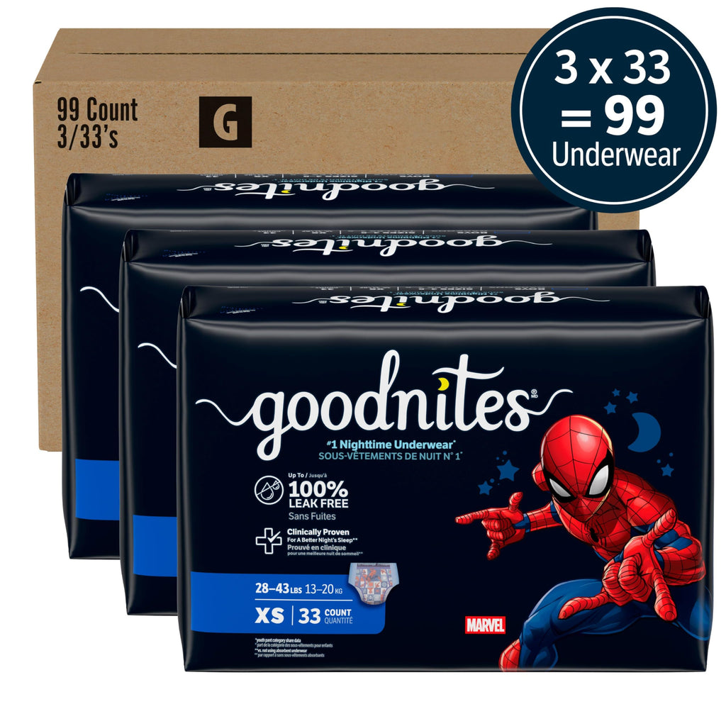 Goodnites Boys' Nighttime Bedwetting Underwear, Size Extra Small (28-43 lbs), 44 Ct (2 Packs of 22), Packaging May Vary