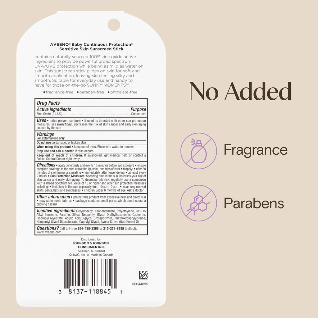 Aveeno Baby Continuous Protection Mineral Sunscreen Stick for Sensitive Skin with Broad Spectrum SPF 50 Protection for Face & Body, Naturally Sourced 100% Zinc Oxide, Travel Size, 0.47 oz