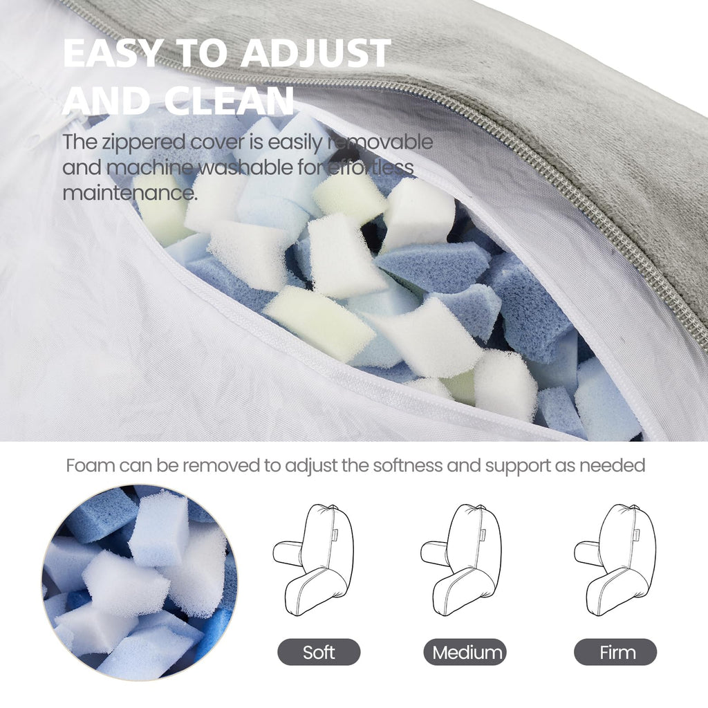 Reading Pillow with Adjustable Memory Foam,Adult Backrest with Arms, Back Pillow for Sitting in Bed with Washable Cover- Large, Gray