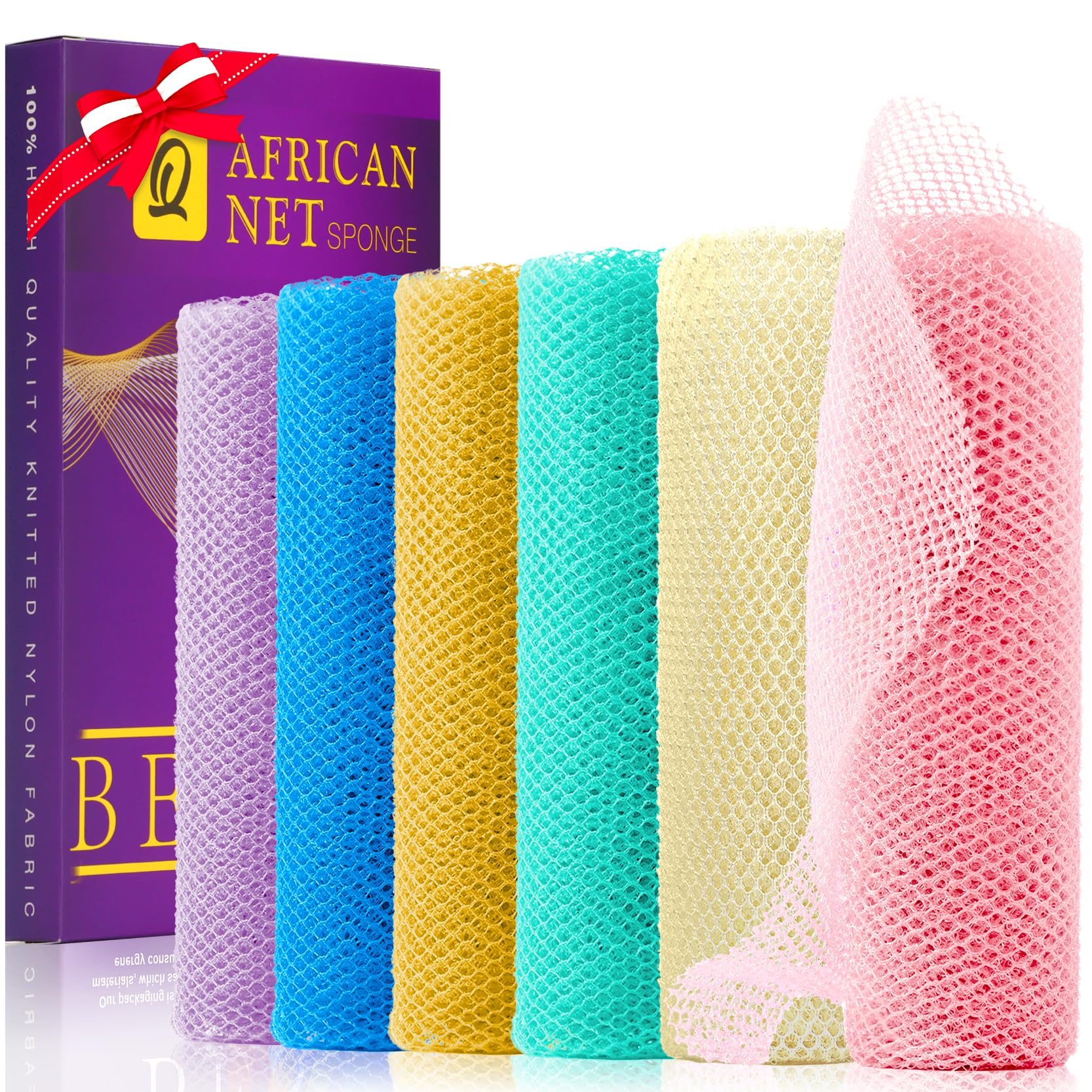UJFQBH 3 Pack African Net Sponge, African Exfoliating Net Bath Sponge Long Net Bath Sponge Exfoliating Shower Body Scrubber Back Scrubber Skin Smoother,Great for Daily Use (Pink,Yellow,Purple)
