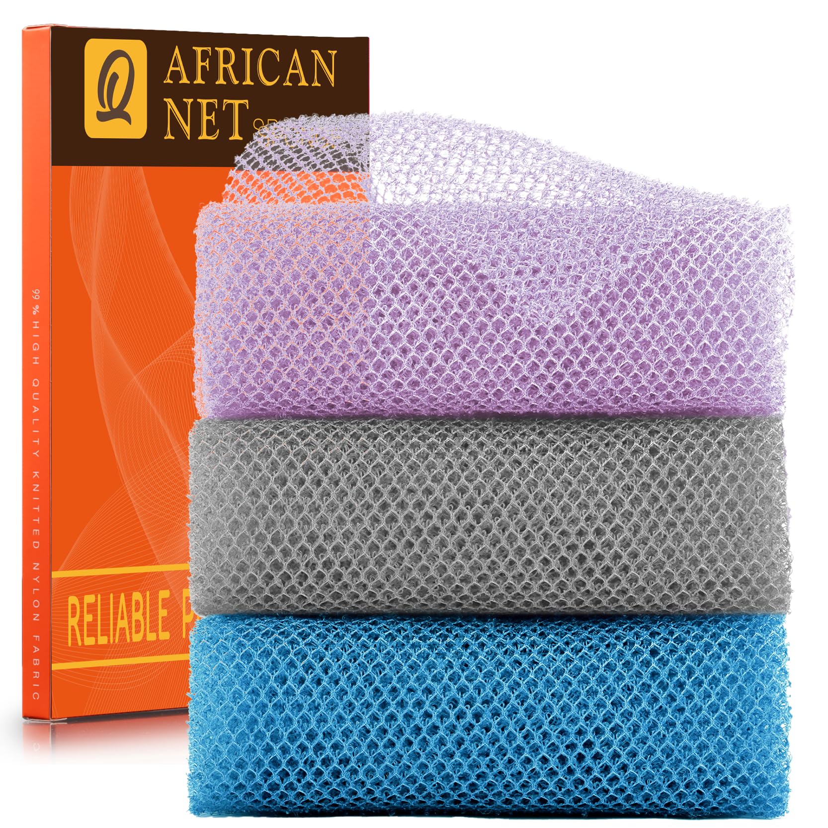 UJFQBH 3 Pack African Net Sponge, African Exfoliating Net Bath Sponge Long Net Bath Sponge Exfoliating Shower Body Scrubber Back Scrubber Skin Smoother,Great for Daily Use (Pink,Yellow,Purple)